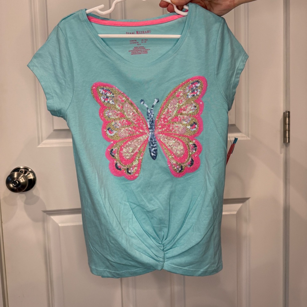 Isaac Mizrahi New York Girls Blue Sequin Butterfly Twist‎ Front T-Shirt Size 7/8